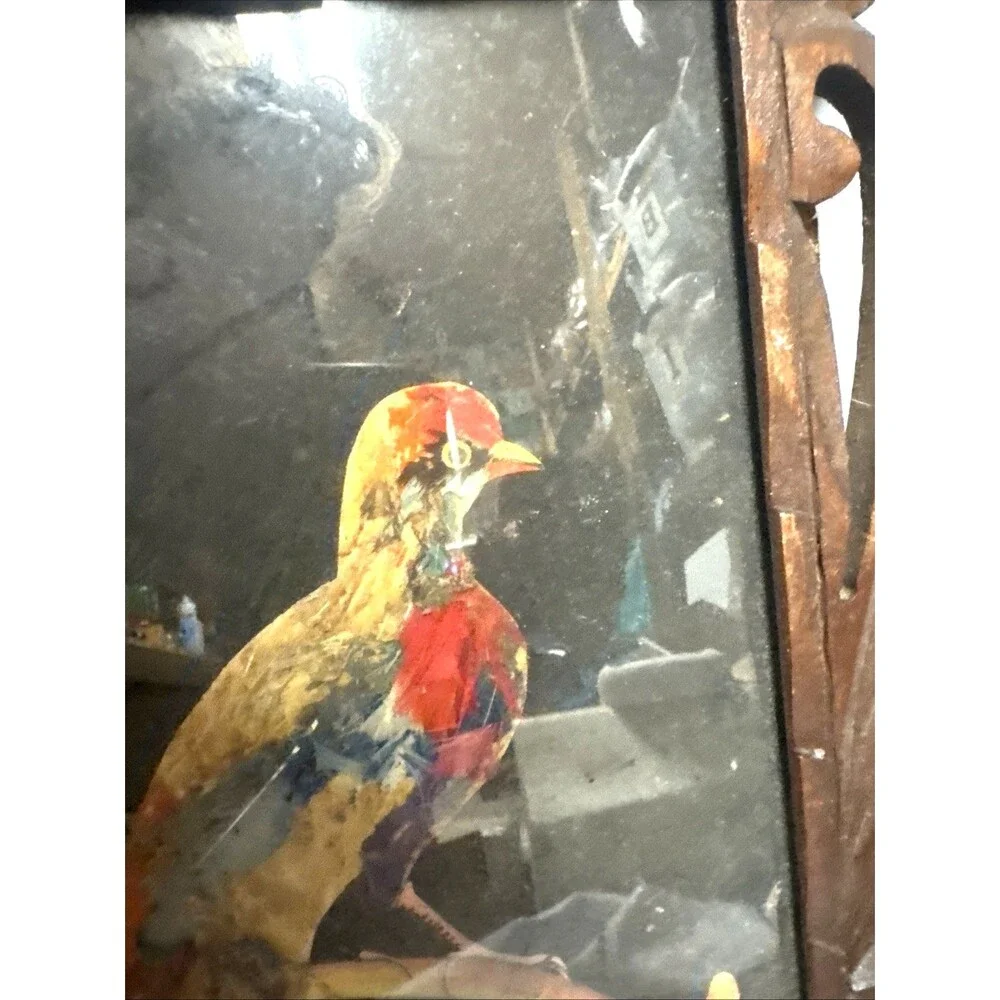 2 VTG Mexican Folk Art Feathercraft Feather Colorful Birds Carved Wood Frame